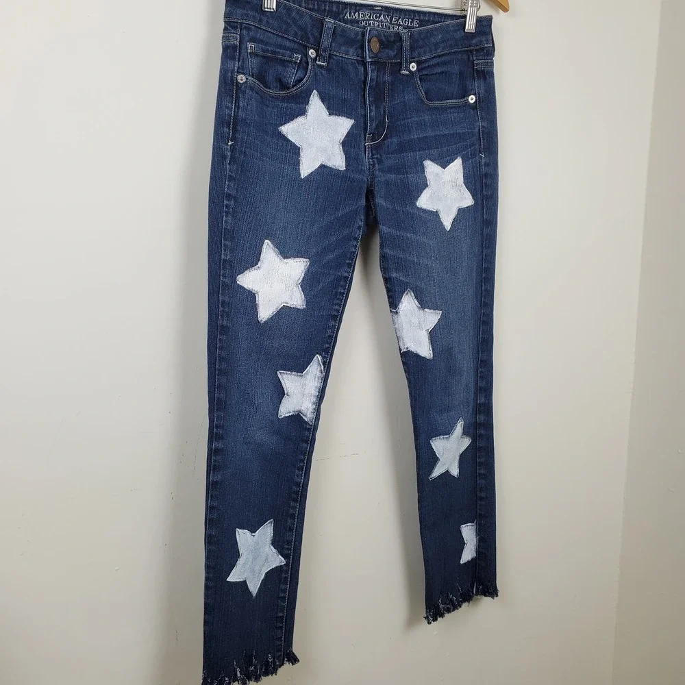 American Eagle | Star Graphic Jeans Skinny Stretch Frayed Hem Women's Size 6 - Picture 3 of 16